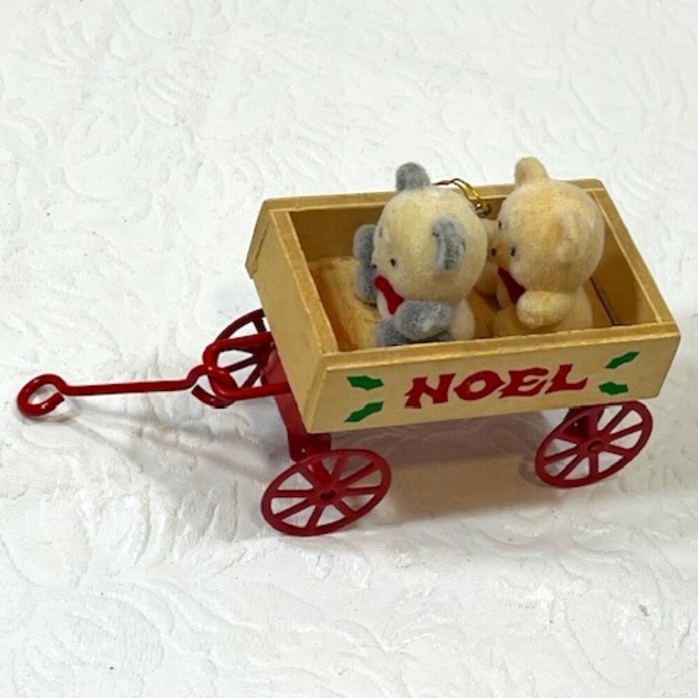 VTG Avon Teddies on Wagon NOEL Holiday Christmas Decor Ornament 2.75"x1.35"